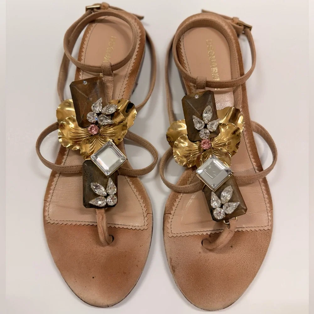 $990 DSQUARED2‎ Women's Vernice Embellished Strappy Suede Sandals Nude 38 /8